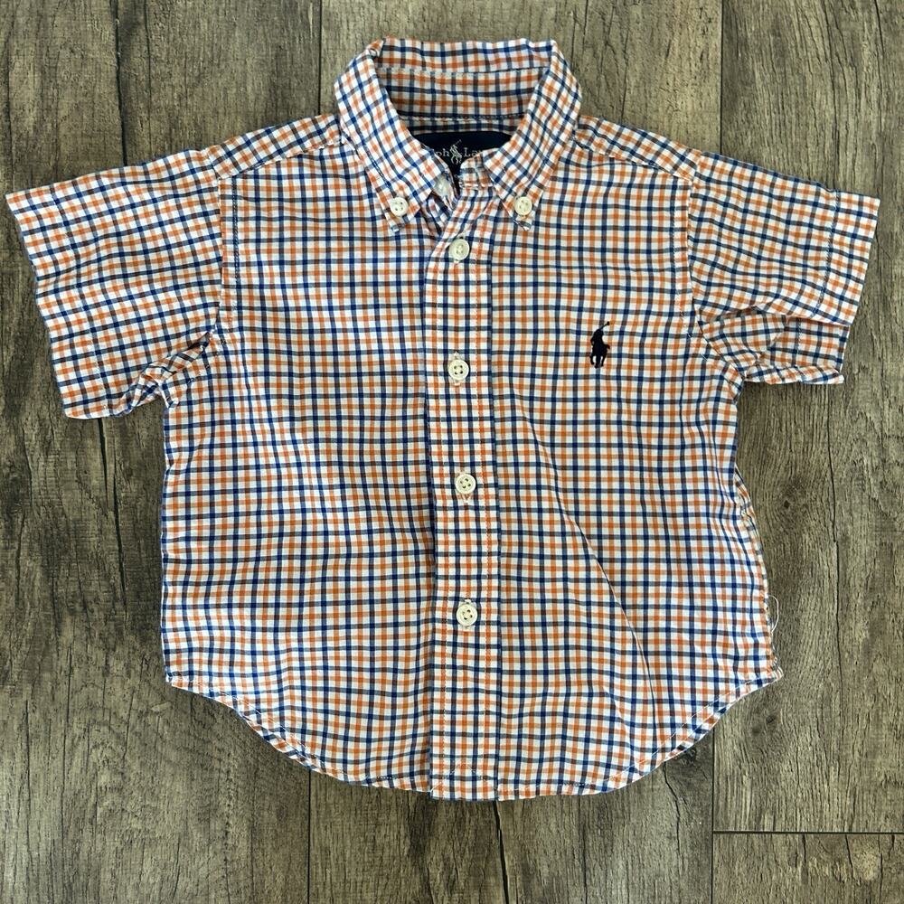 Ralph Lauren Infant 9 Months Orange & Blue Gingham Plaid Short Sleeve Button Up